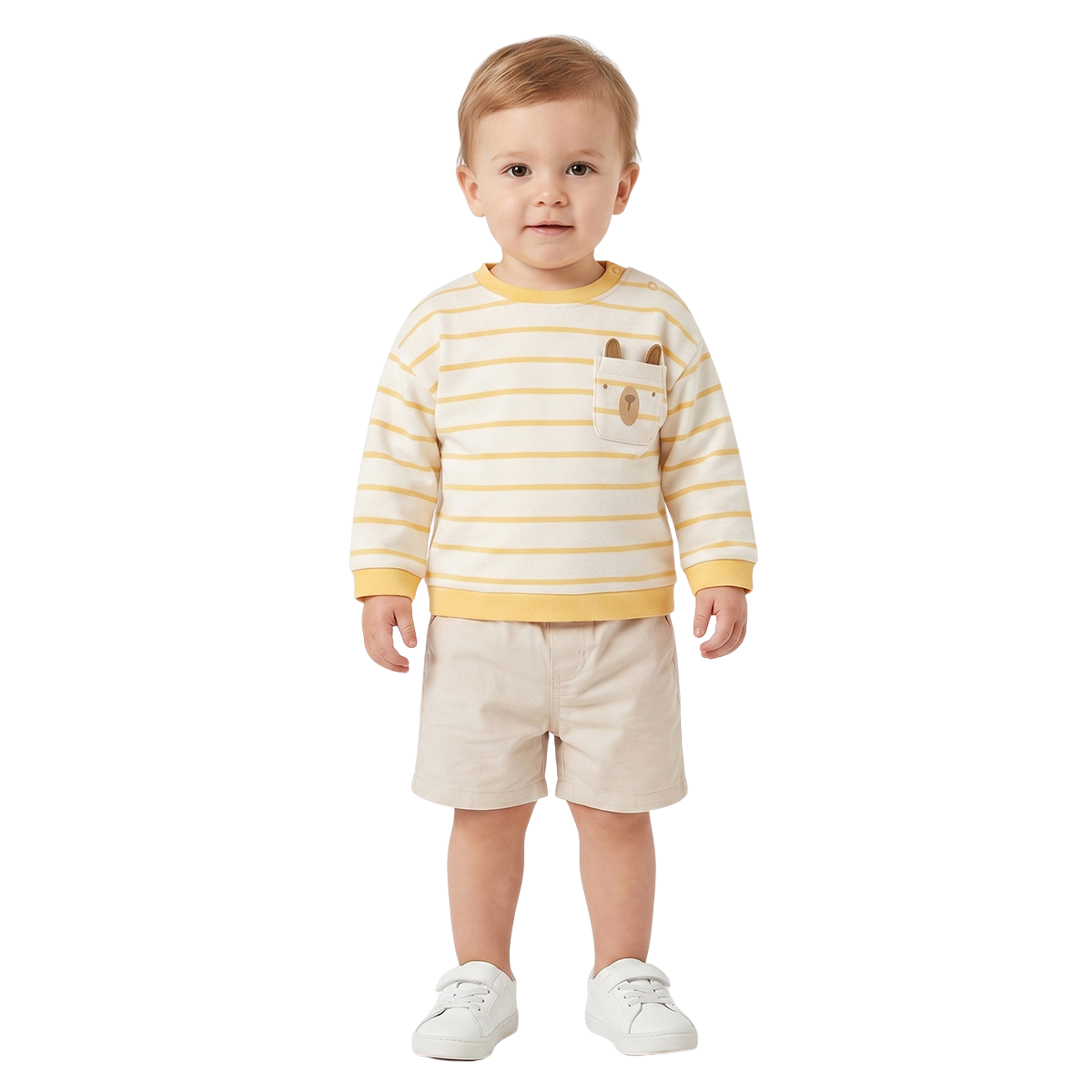 Baby Boys White and Yellow Striped Bear Pocket Sweatshirt Kids Wear