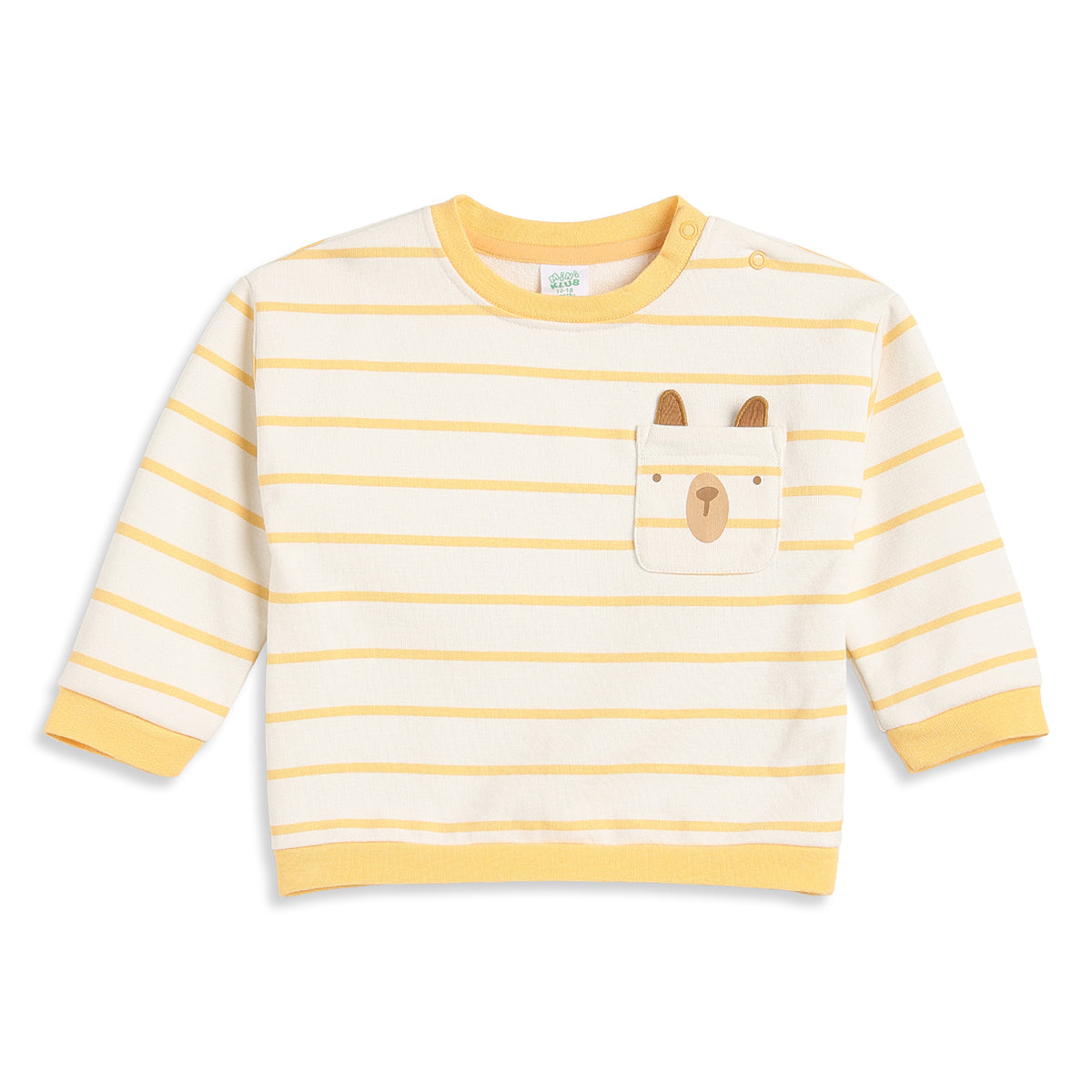 Baby Boys White & Yellow Striped Bear Pocket Sweatshirt Regular Fit Casual Kids Wear