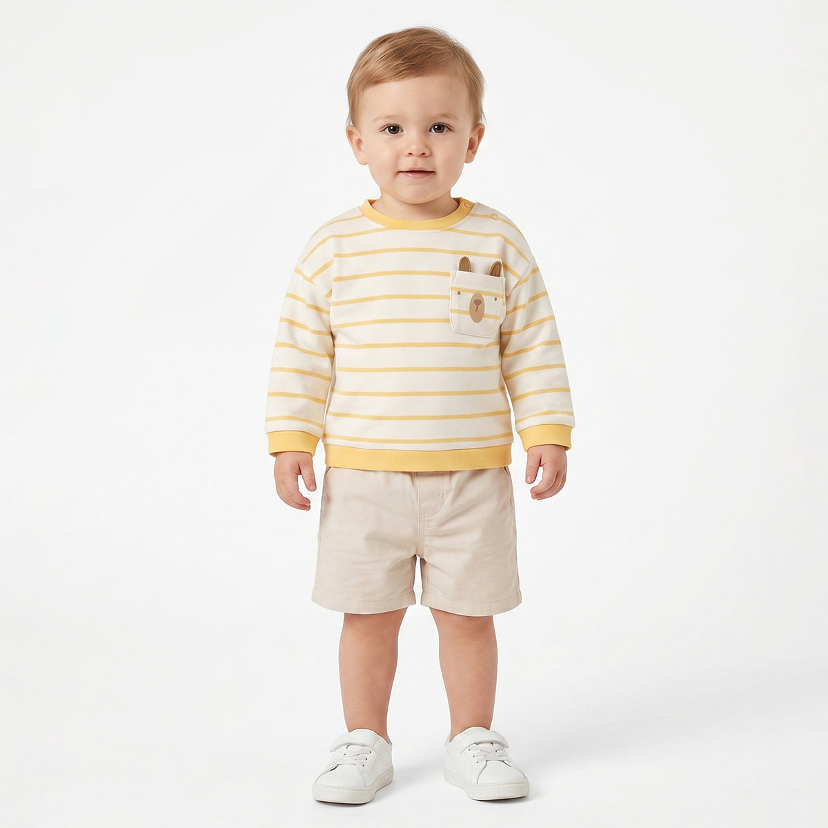 Baby Boys White & Yellow Striped Bear Pocket Sweatshirt Regular Fit Casual Kids Wear