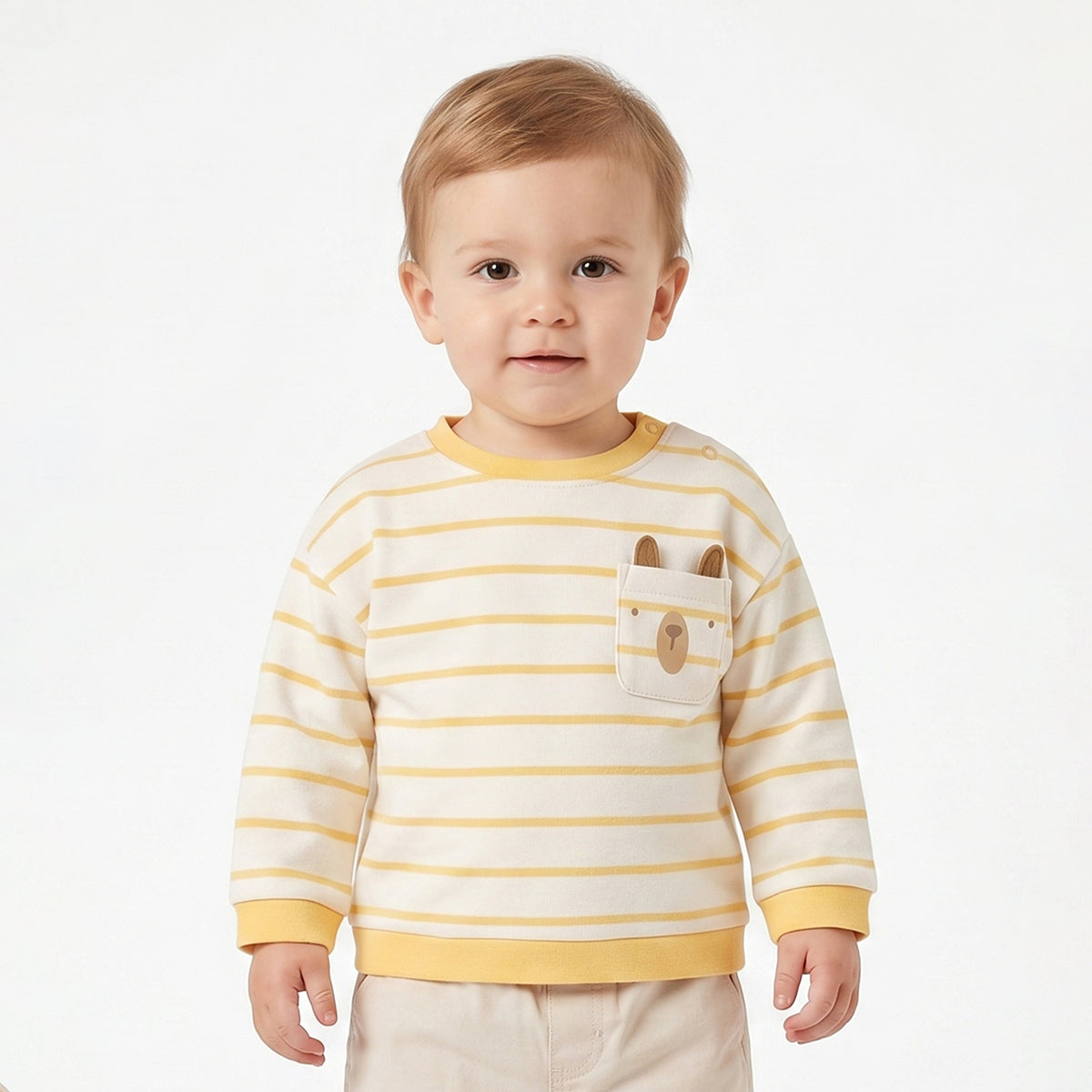 Baby Boys White & Yellow Striped Bear Pocket Sweatshirt Regular Fit Casual Kids Wear
