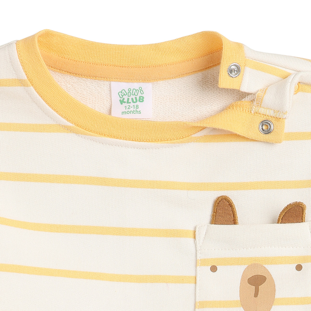 Baby Boys White & Yellow Striped Bear Pocket Sweatshirt Regular Fit Casual Kids Wear