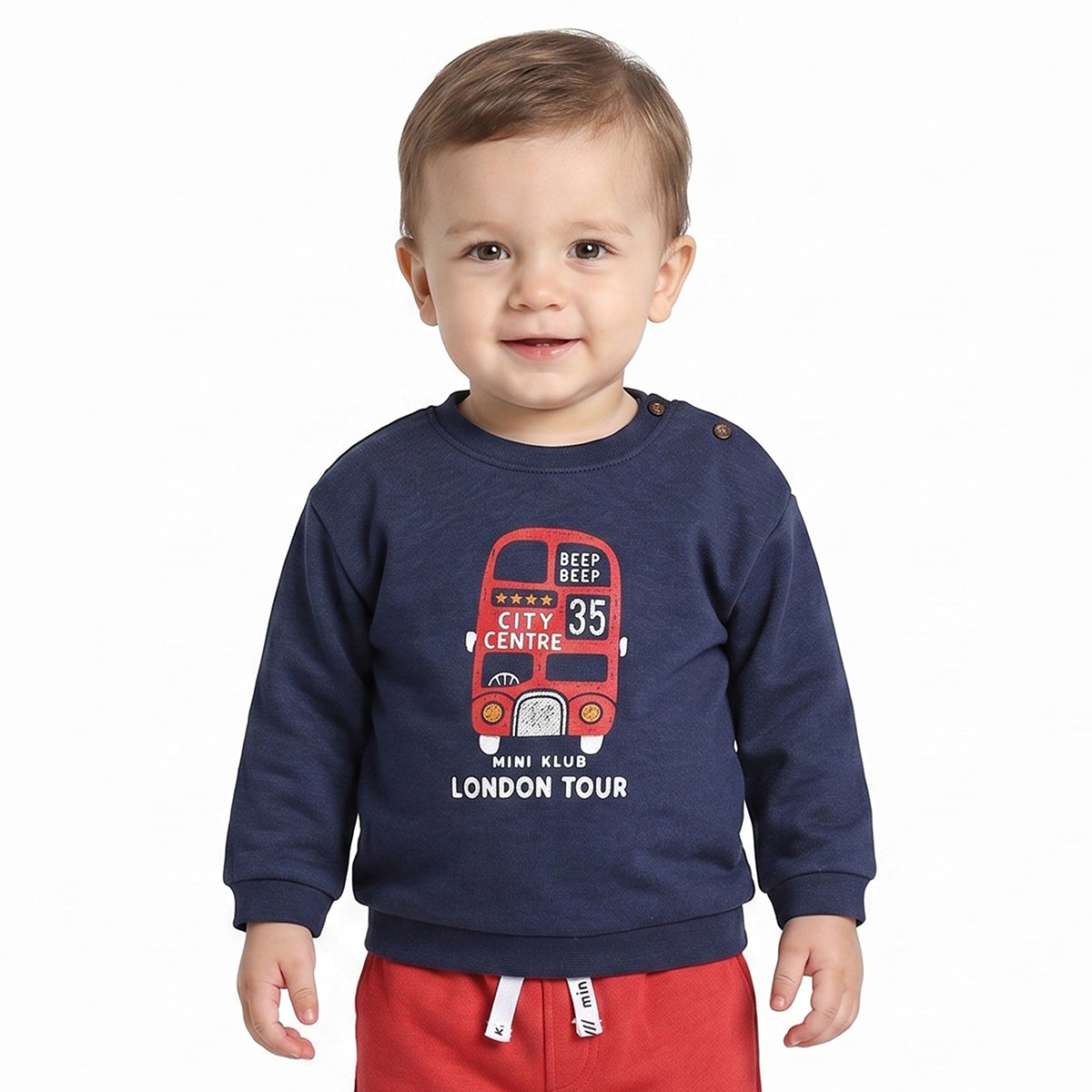 Baby Boys Navy Blue Cotton Sweatshirt London Bus Print Casual Wear