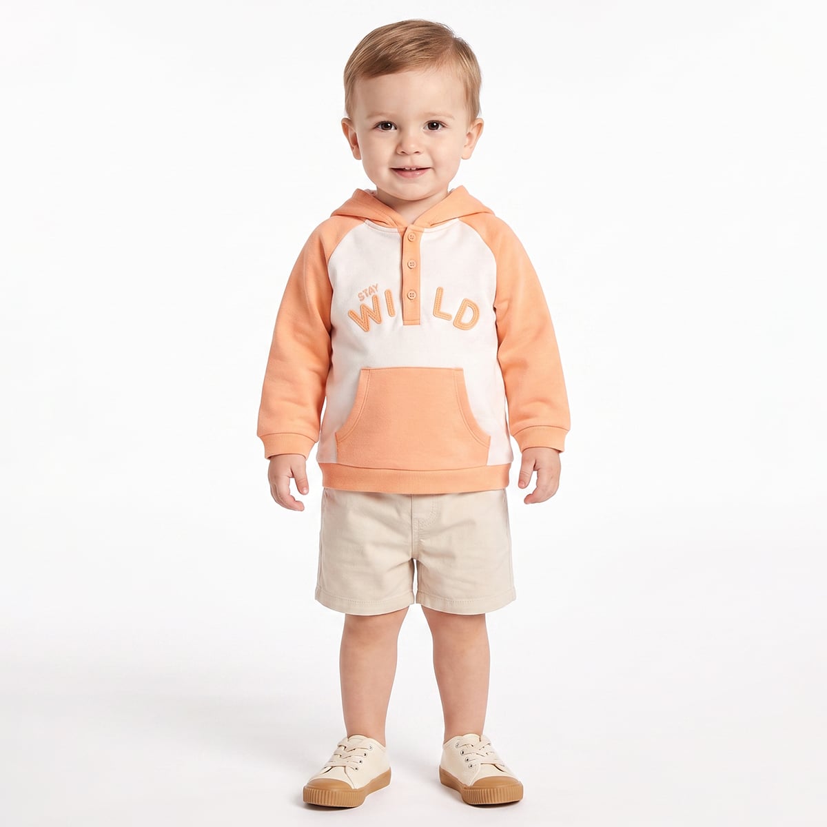 Baby Boys Peach And Off-White Cotton Blend Stay Wild Applique Hooded Sweatshirt  Regular Fit Casual Wear