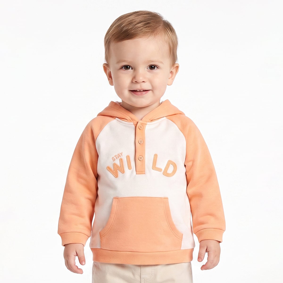 Baby Boys Peach And Off-White Cotton Blend Stay Wild Applique Hooded Sweatshirt  Regular Fit Casual Wear