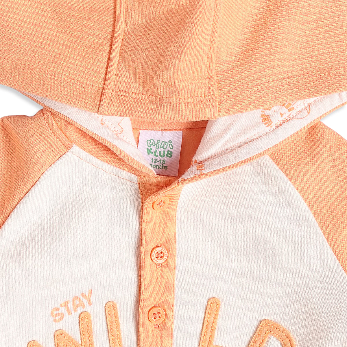 Baby Boys Peach And Off-White Cotton Blend Stay Wild Applique Hooded Sweatshirt  Regular Fit Casual Wear