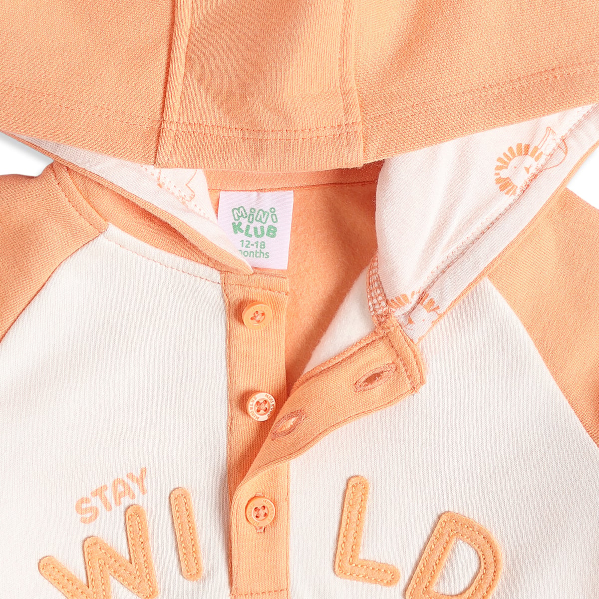 Baby Boys Peach And Off-White Cotton Blend Stay Wild Applique Hooded Sweatshirt  Regular Fit Casual Wear