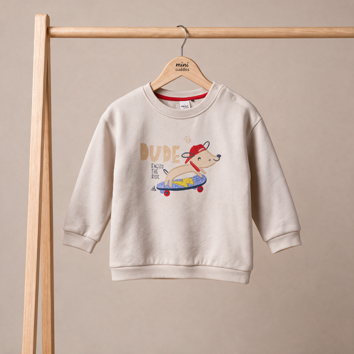 Baby Boys Beige Cotton Blend Dog Applique And Graphic Printed Full Sleeve Sweatshirt Regular Fit Casual Wear