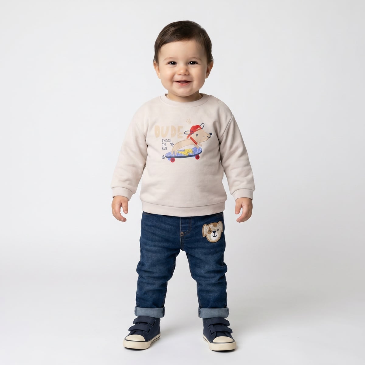 Baby Boys Beige Cotton Blend Dog Applique And Graphic Printed Full Sleeve Sweatshirt Regular Fit Casual Wear