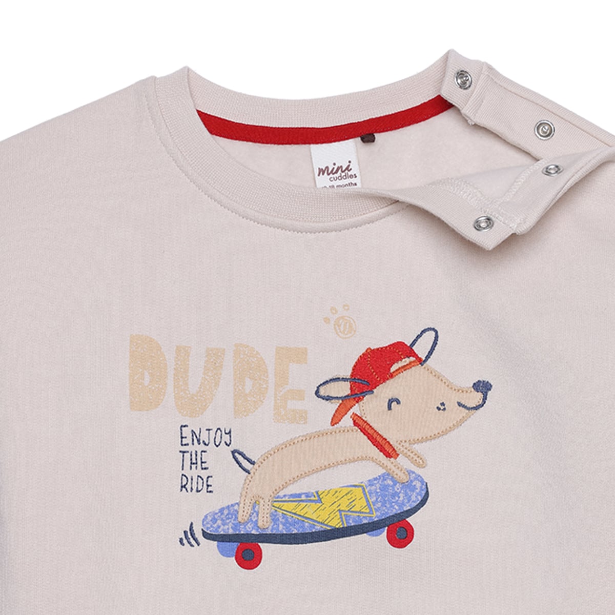 Baby Boys Beige Cotton Blend Dog Applique And Graphic Printed Full Sleeve Sweatshirt Regular Fit Casual Wear