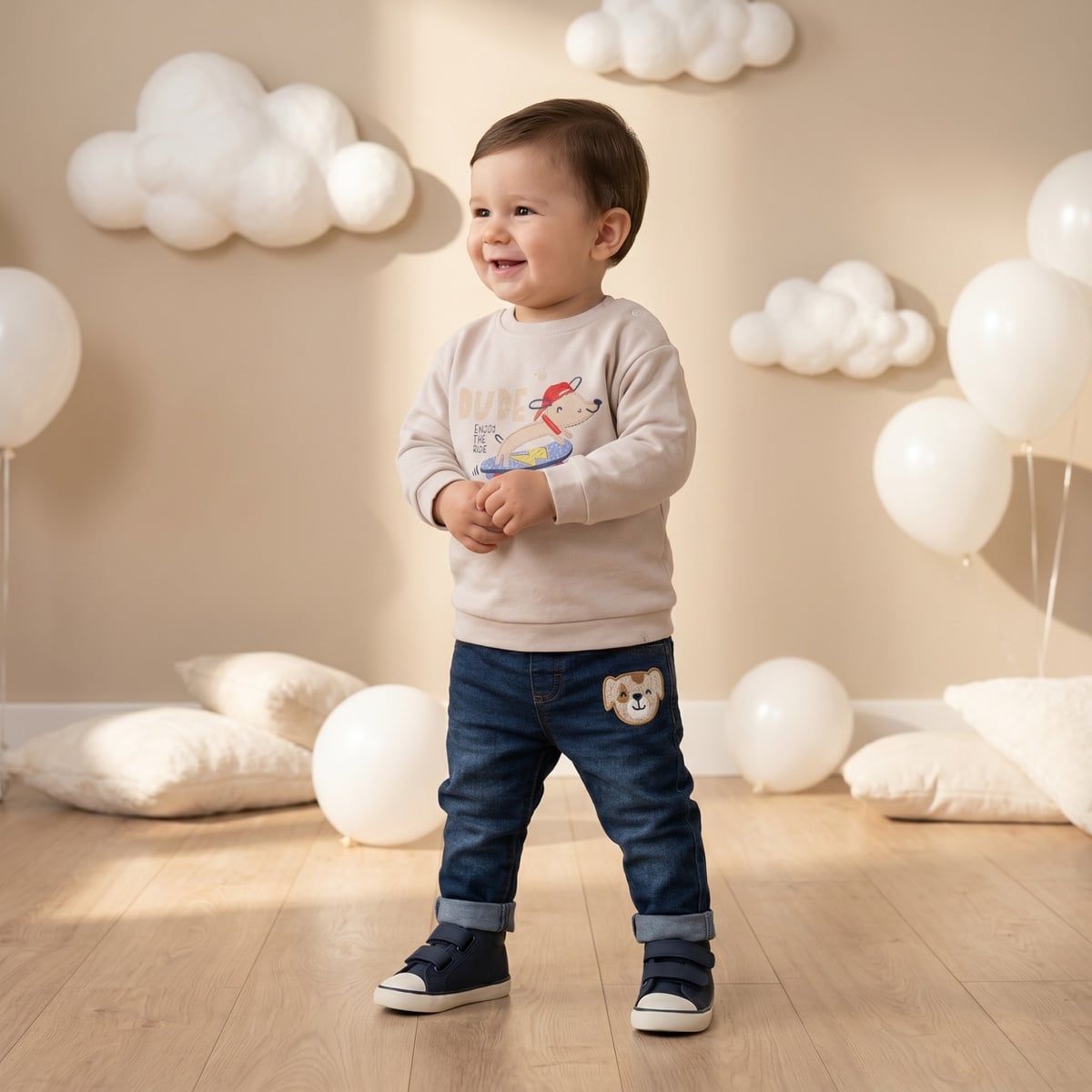 Baby Boys Beige Cotton Blend Dog Applique And Graphic Printed Full Sleeve Sweatshirt Regular Fit Casual Wear