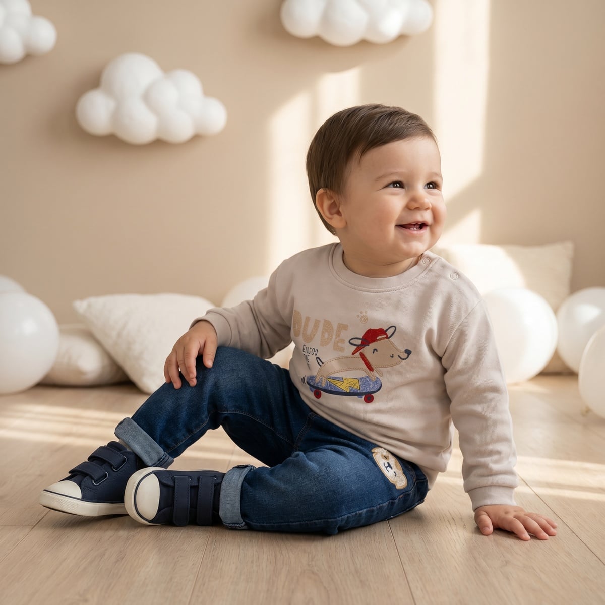 Baby Boys Beige Cotton Blend Dog Applique And Graphic Printed Full Sleeve Sweatshirt Regular Fit Casual Wear