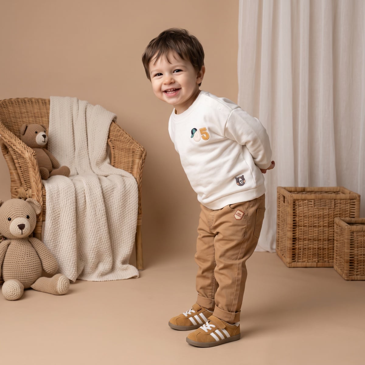Baby Boys Off-White Cotton Blend Badge Embroidered Sweatshirt Regular Fit Casual Wear