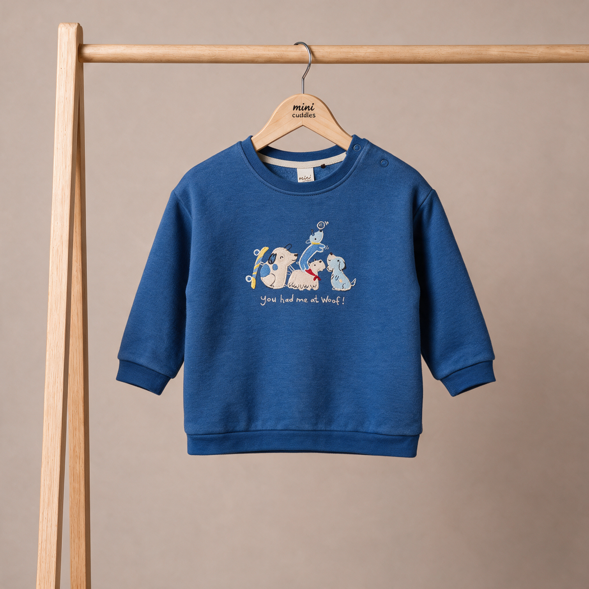 Baby Boys Blue Cotton Blend Dog Embroidered Full Sleeve Sweatshirt Regular Fit Casual Wear