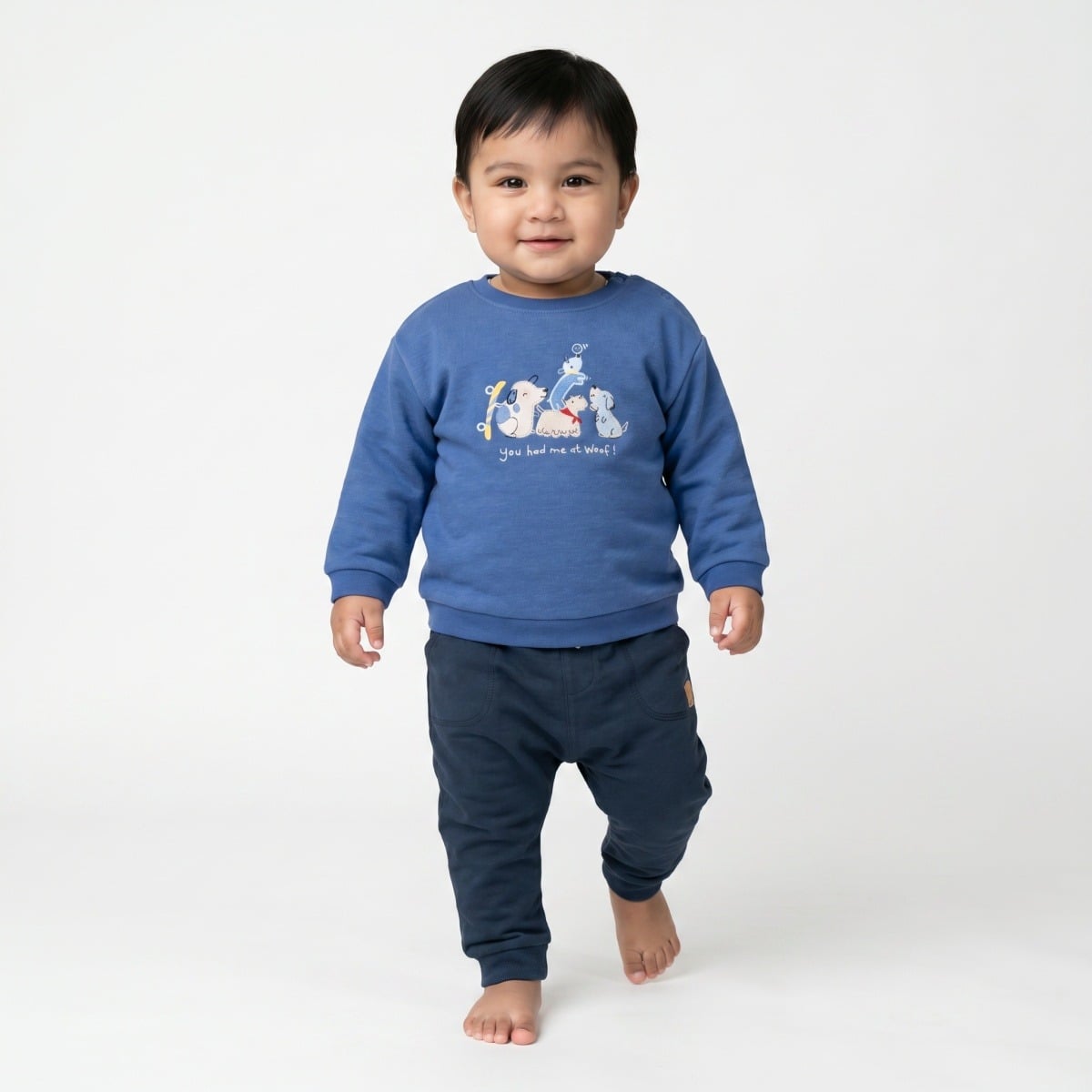 Baby Boys Blue Cotton Blend Dog Embroidered Full Sleeve Sweatshirt Regular Fit Casual Wear
