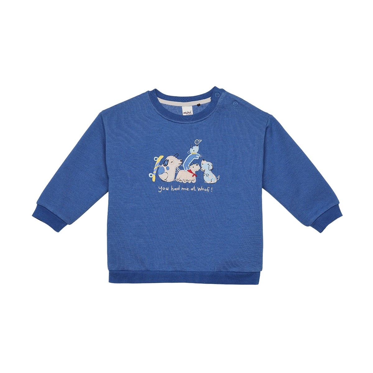 Baby Boys Blue Cotton Blend Dog Embroidered Full Sleeve Sweatshirt Regular Fit Casual Wear