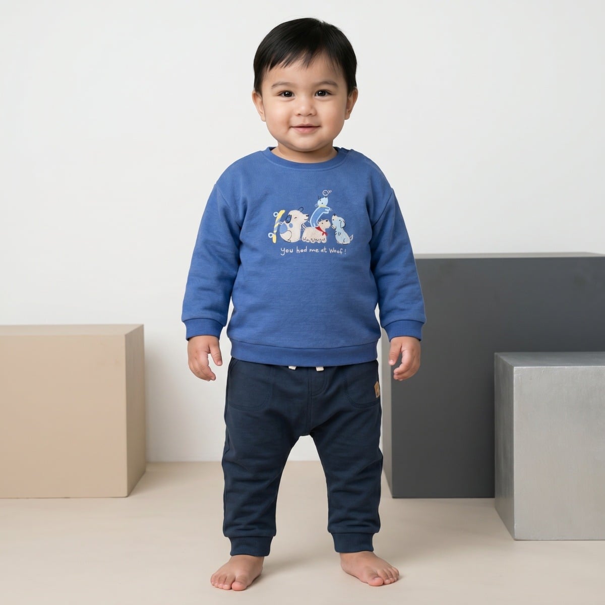 Baby Boys Blue Cotton Blend Dog Embroidered Full Sleeve Sweatshirt Regular Fit Casual Wear