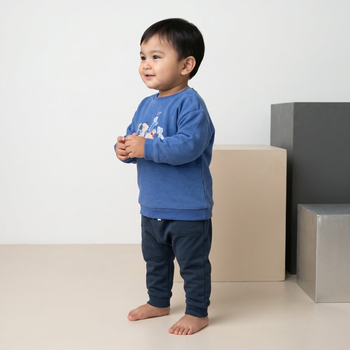 Baby Boys Blue Cotton Blend Dog Embroidered Full Sleeve Sweatshirt Regular Fit Casual Wear