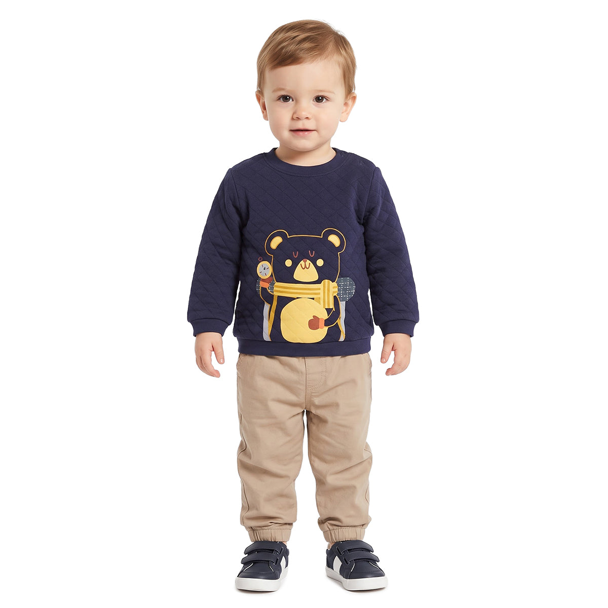 Baby Boys Navy Blue Bear Print Quilted Sweatshirt for Casual Wear
