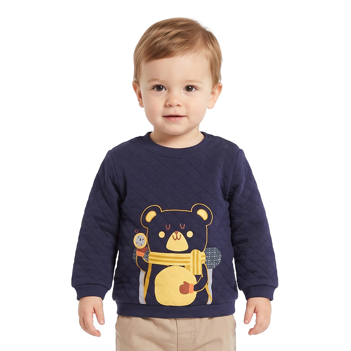 Baby Boys Navy Blue Bear Print Quilted Sweatshirt for Casual Wear