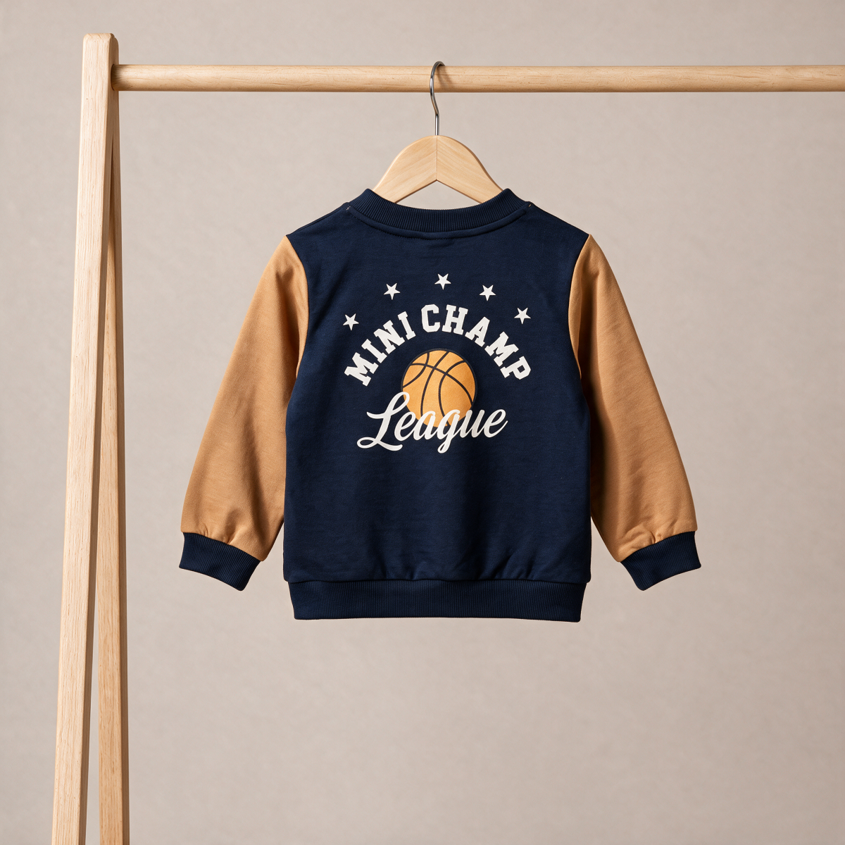 Baby Boys Navy Blue And Brown Cotton Basketball Printed Front Open Sweatshirt Regular Fit Casual Wear