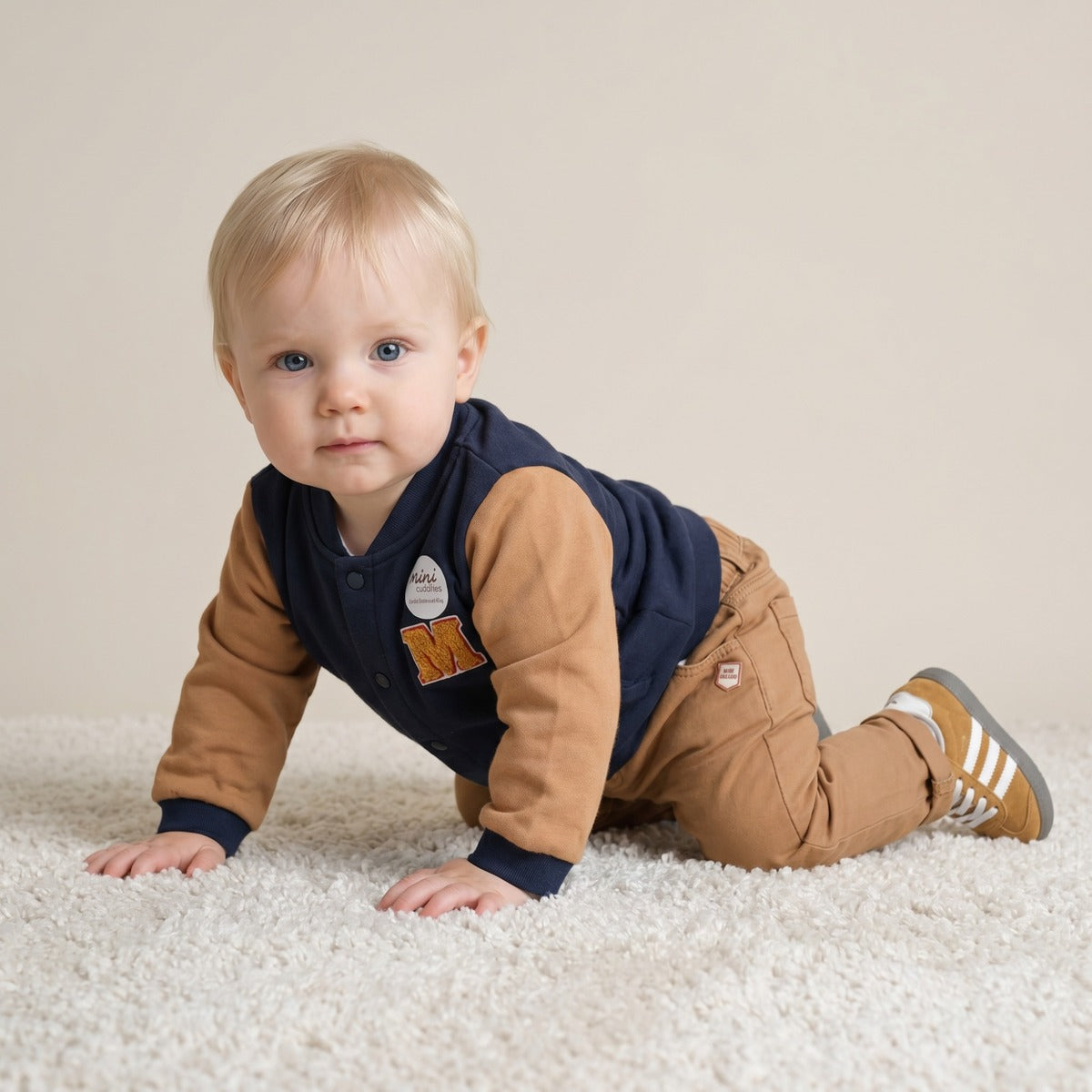 Baby Boys Navy Blue And Brown Cotton Basketball Printed Front Open Sweatshirt Regular Fit Casual Wear