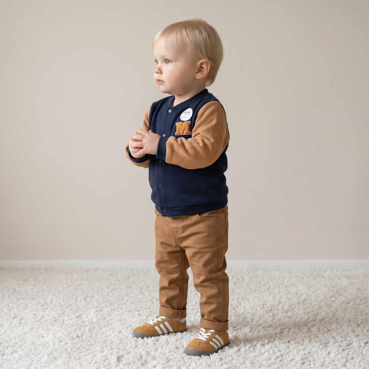 Baby Boys Navy Blue And Brown Cotton Basketball Printed Front Open Sweatshirt Regular Fit Casual Wear