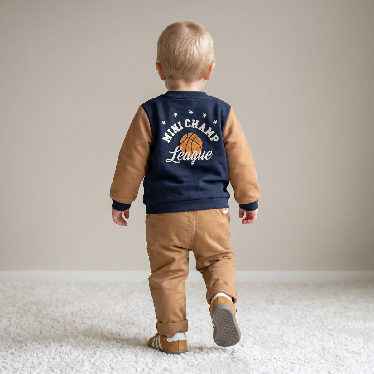 Baby Boys Navy Blue And Brown Cotton Basketball Printed Front Open Sweatshirt Regular Fit Casual Wear