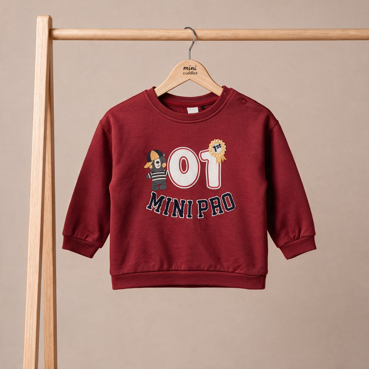 Baby Boys Maroon Cotton Graphic Printed And Embroidered Sweatshirt Regular Fit Casual Wear