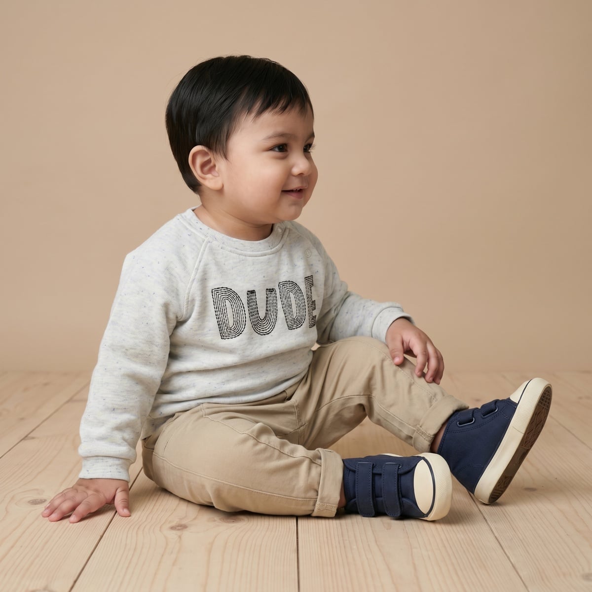 Baby Boys Light Grey Cotton Blend Dude Embroidered Full Sleeve Sweatshirt Regular Fit Casual Wear