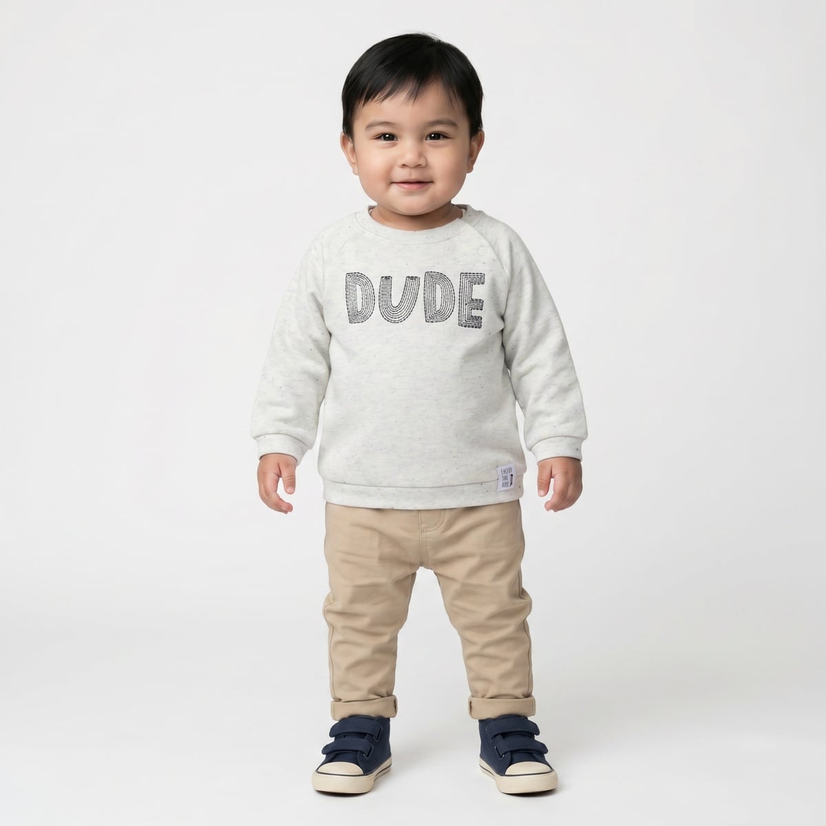 Baby Boys Light Grey Cotton Blend Dude Embroidered Full Sleeve Sweatshirt Regular Fit Casual Wear