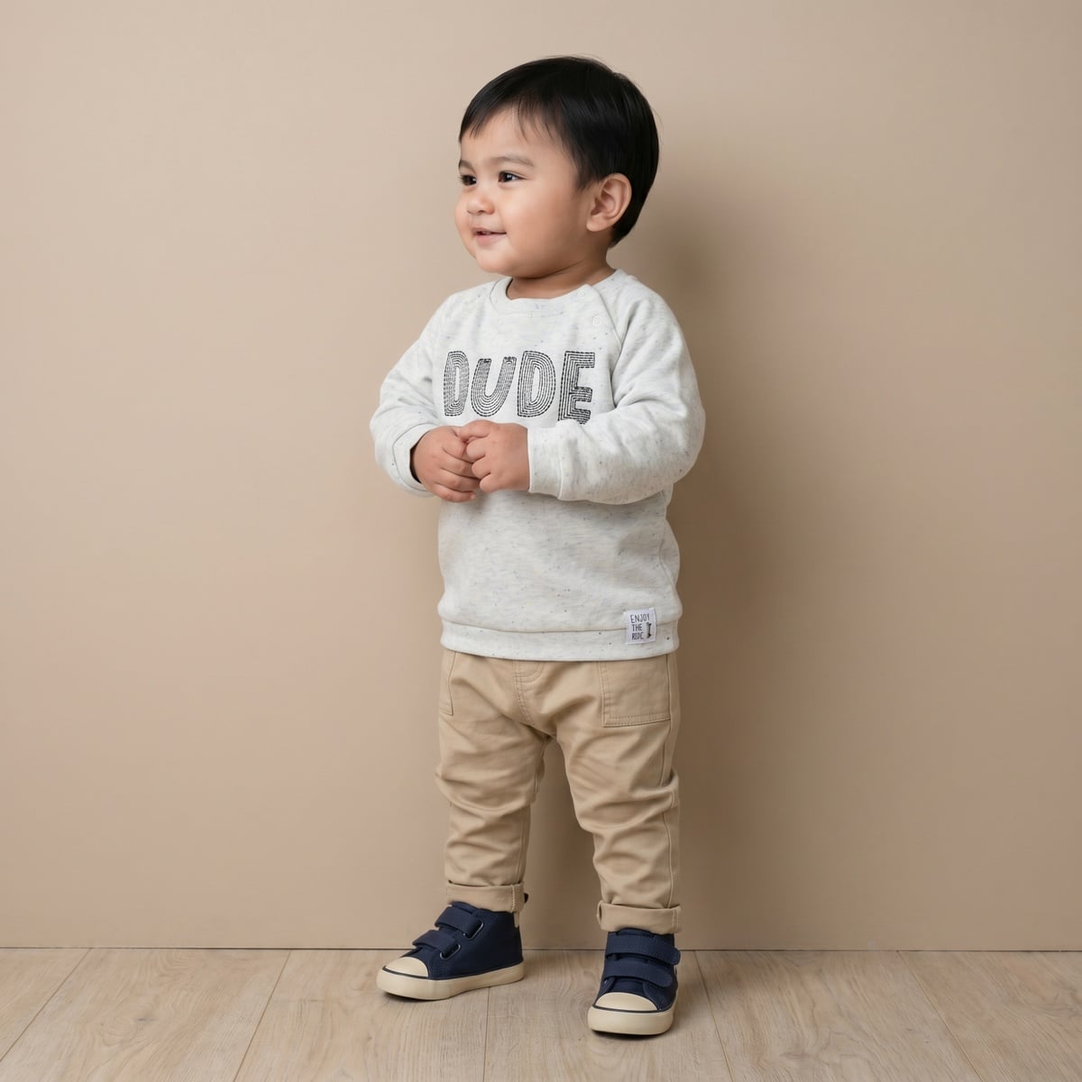 Baby Boys Light Grey Cotton Blend Dude Embroidered Full Sleeve Sweatshirt Regular Fit Casual Wear