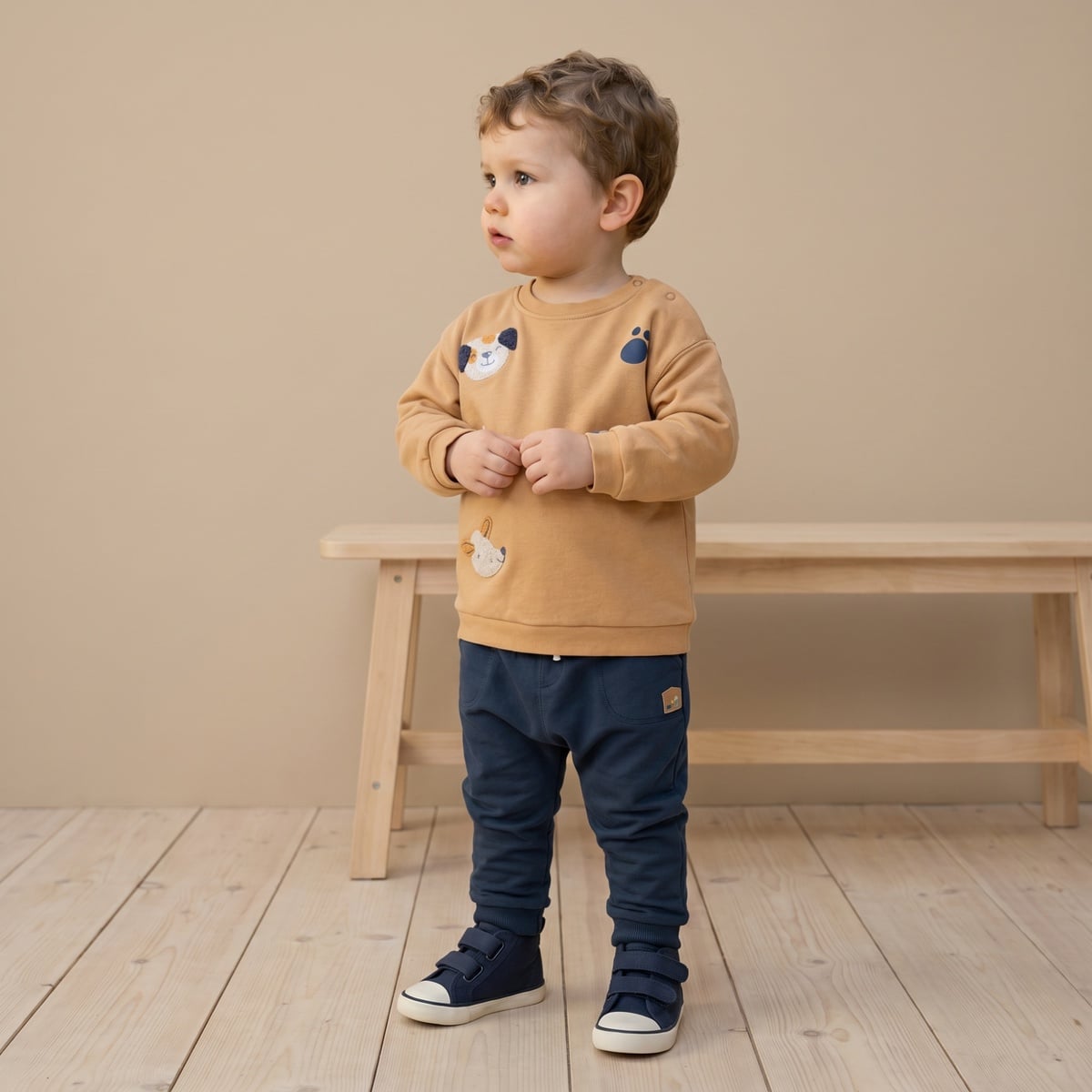 Baby Boys Mustard Yellow Cotton Blend Animal Embroidered And Printed Full Sleeve Sweatshirt Regular Fit Casual Wear