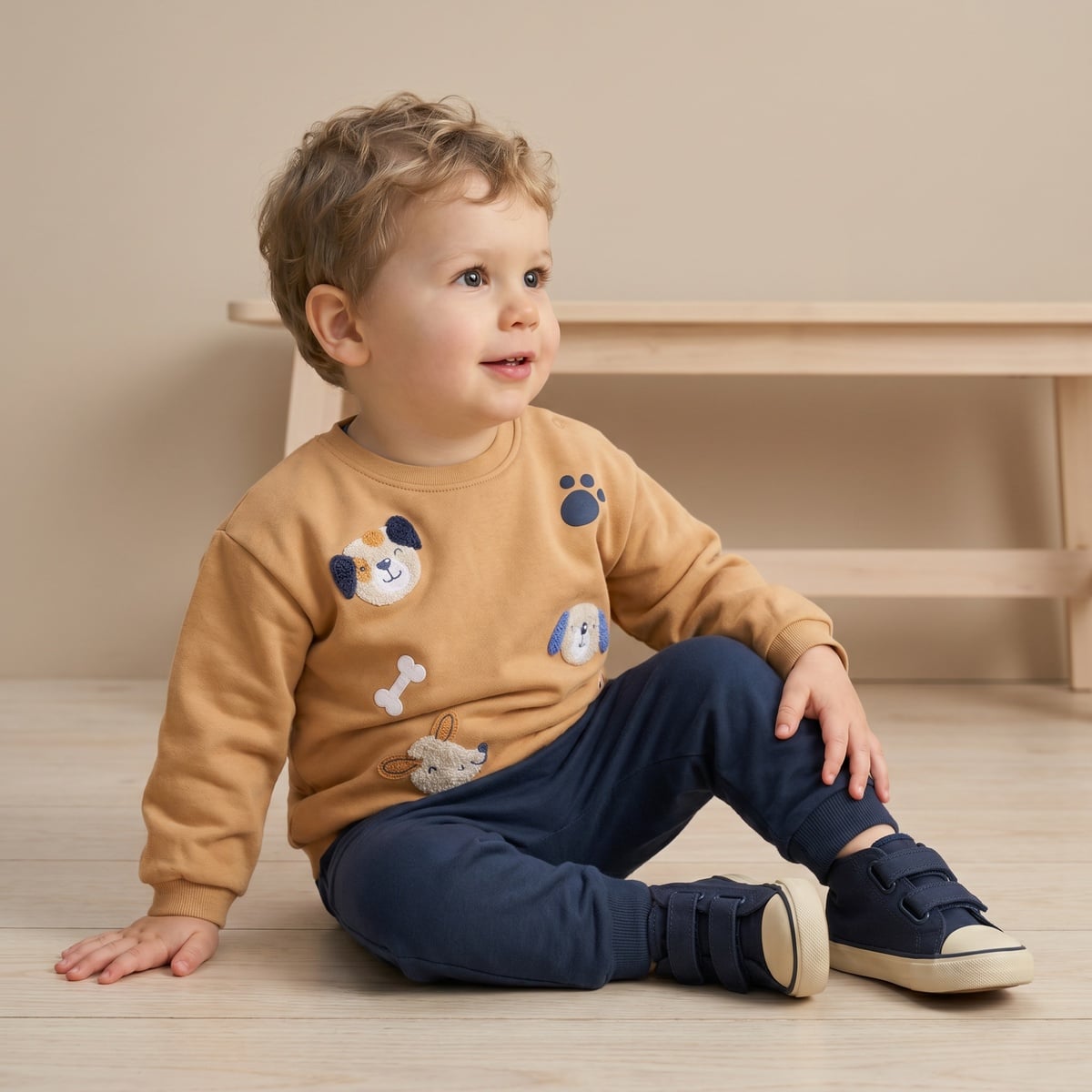 Baby Boys Mustard Yellow Cotton Blend Animal Embroidered And Printed Full Sleeve Sweatshirt Regular Fit Casual Wear