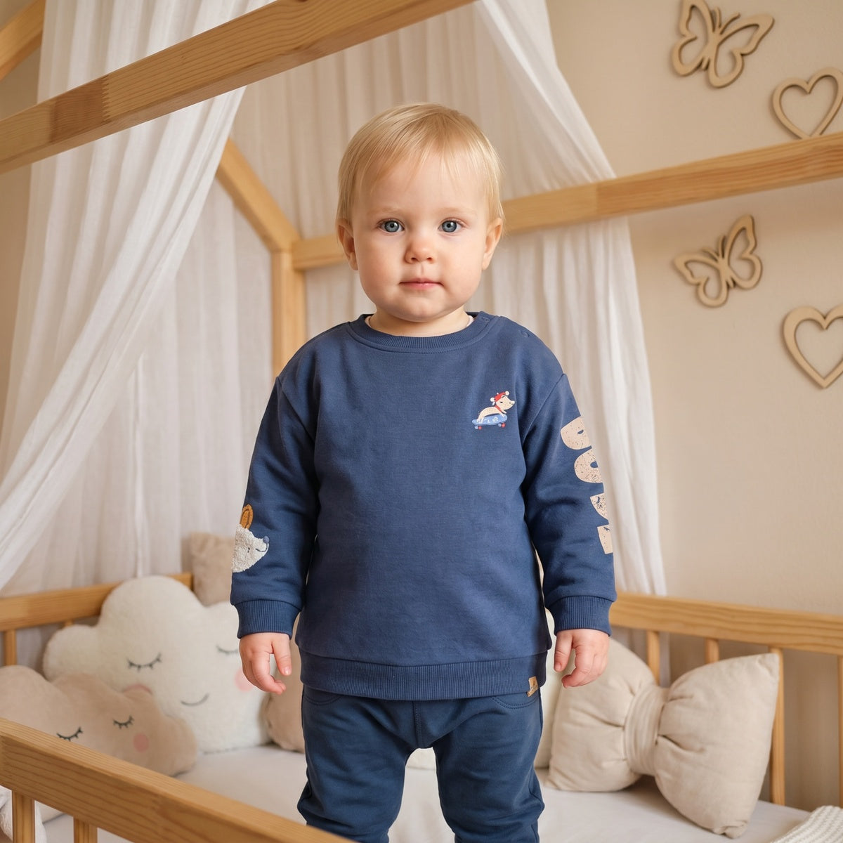 Baby Boys Navy Blue Cotton Sheep Embroidered Sweatshirt Regular Fit Casual Wear