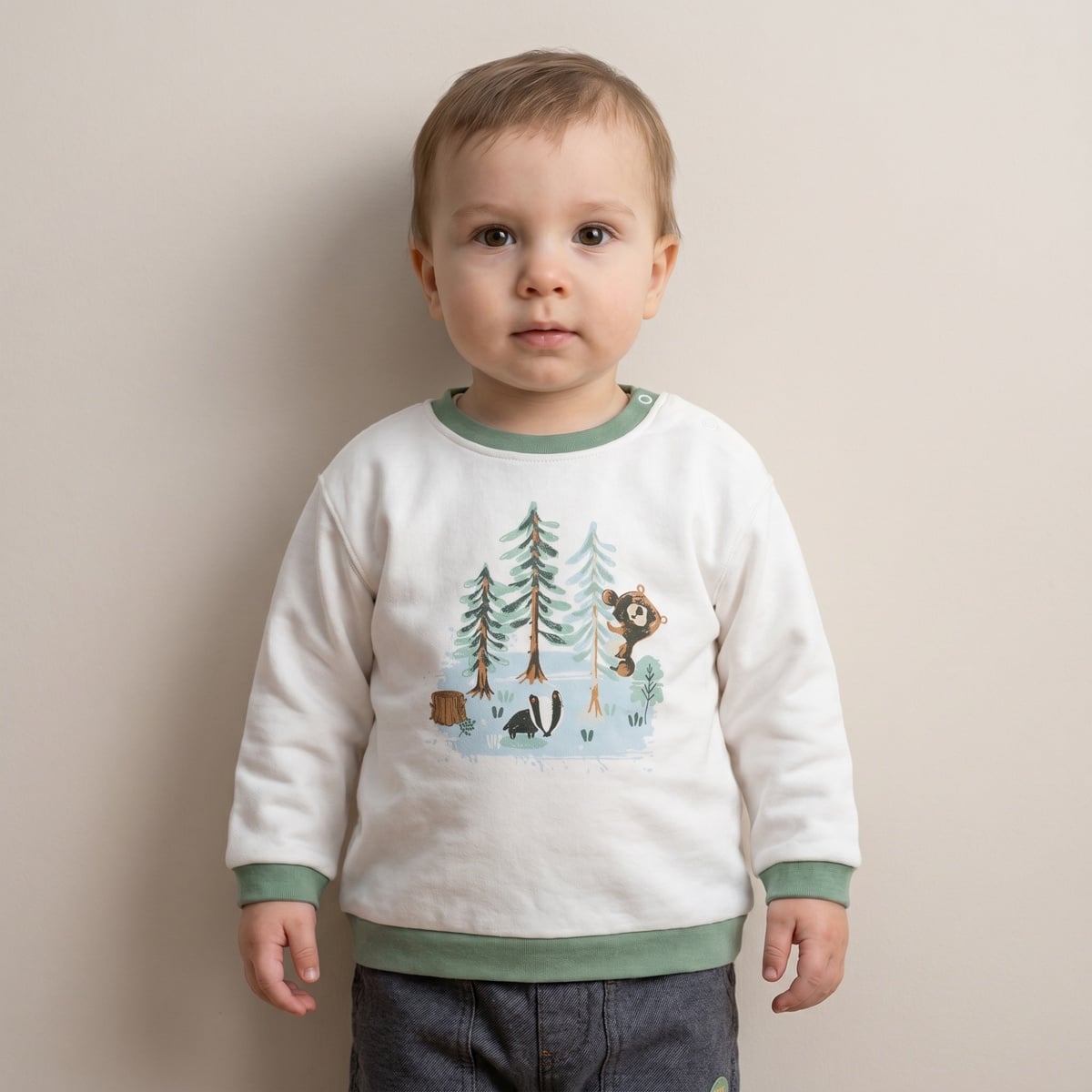 Baby Boys White Cotton Blend Forest Animal Printed Full Sleeve Sweatshirt Regular Fit Casual Wear