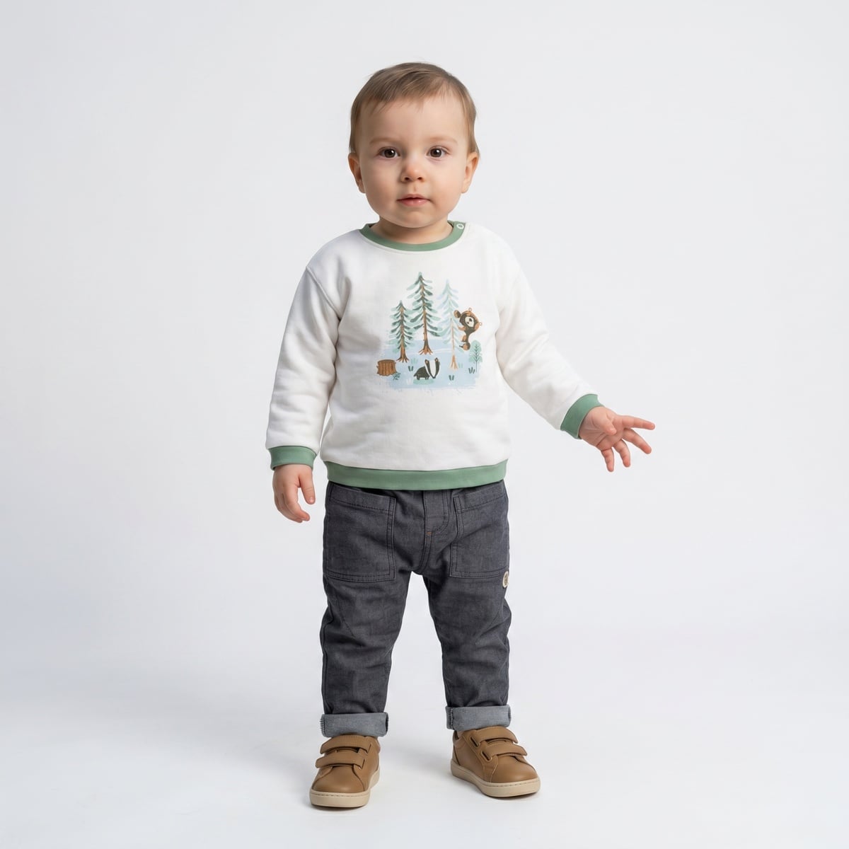 Baby Boys White Cotton Blend Forest Animal Printed Full Sleeve Sweatshirt Regular Fit Casual Wear