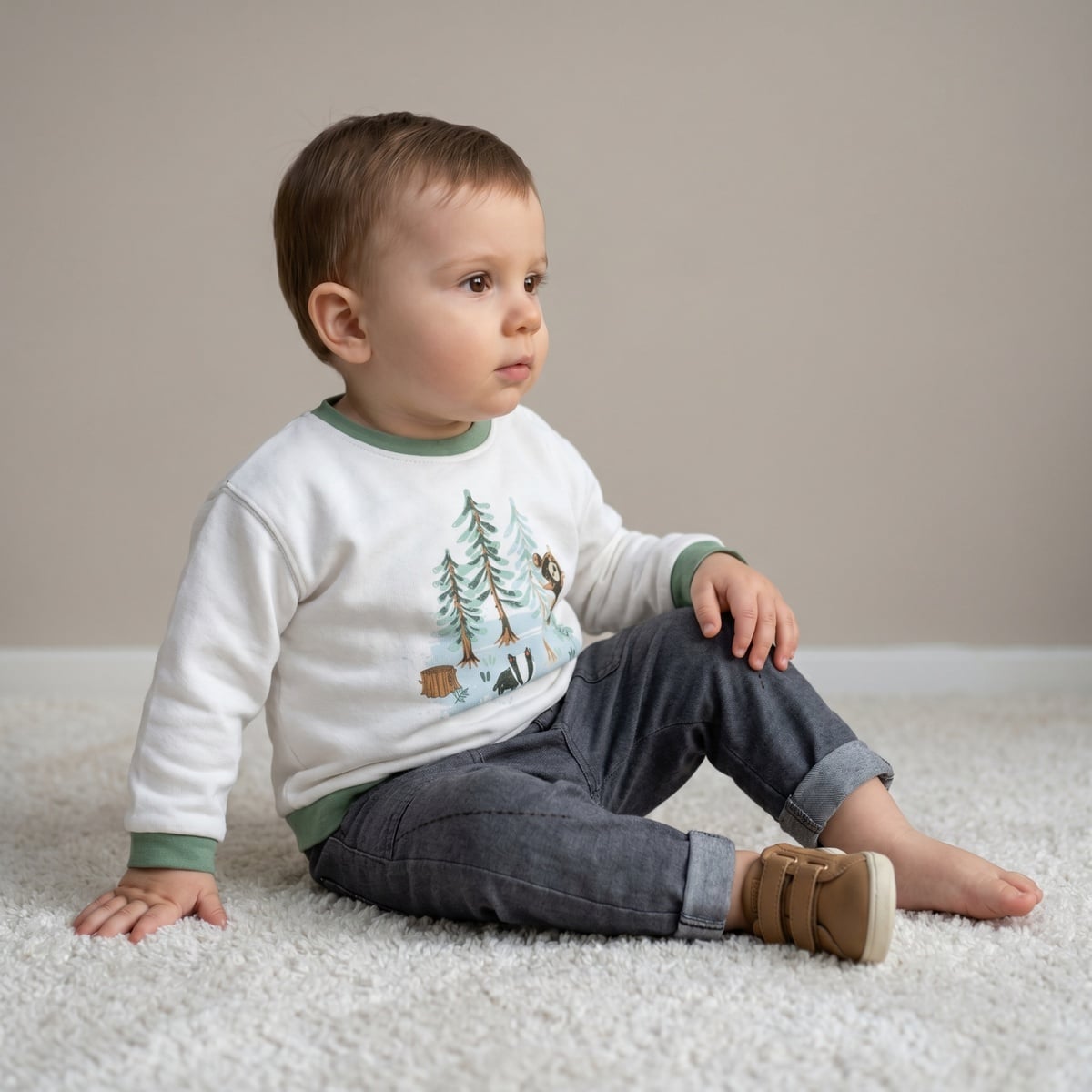 Baby Boys White Cotton Blend Forest Animal Printed Full Sleeve Sweatshirt Regular Fit Casual Wear