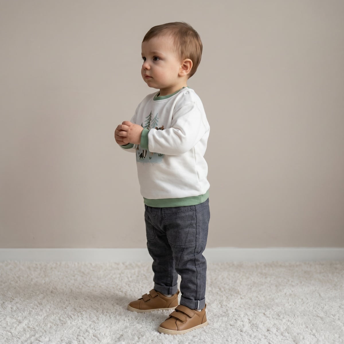 Baby Boys White Cotton Blend Forest Animal Printed Full Sleeve Sweatshirt Regular Fit Casual Wear