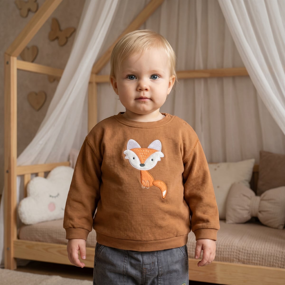 Baby Boys Rust Brown Cotton Blend Fox Appliqué Full Sleeve Sweatshirt Regular Fit Casual Wear