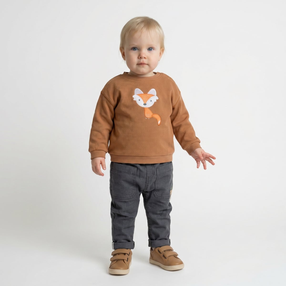 Baby Boys Rust Brown Cotton Blend Fox Appliqué Full Sleeve Sweatshirt Regular Fit Casual Wear