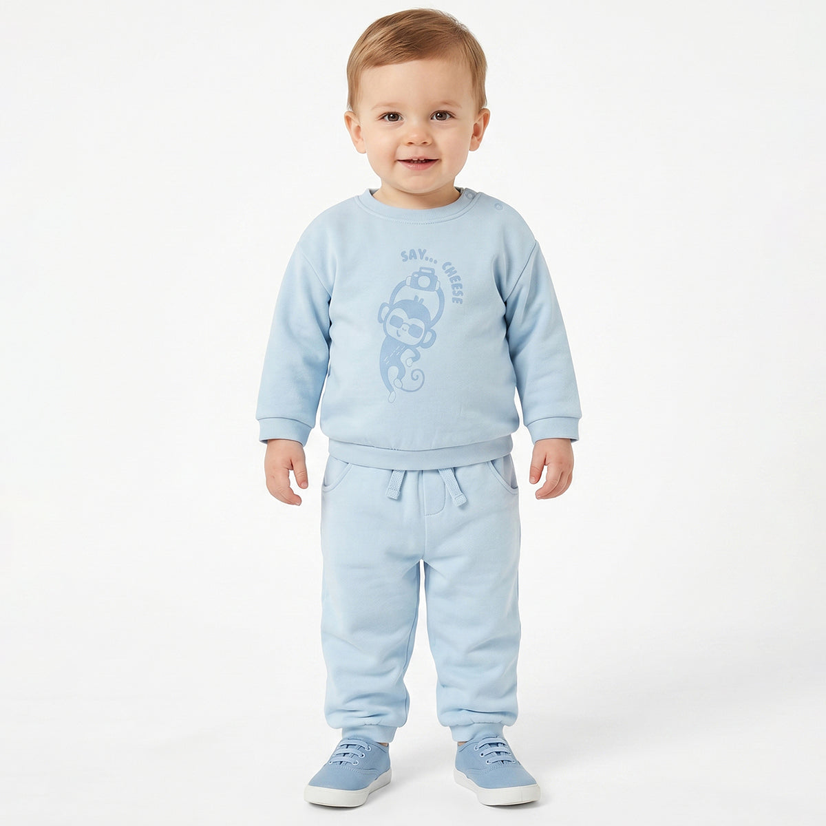 Baby Boys Light Blue Cotton Sweatshirt Monkey Print Casual Wear