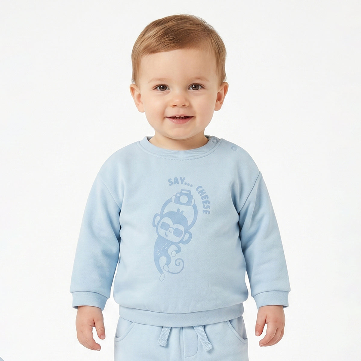 Baby Boys Light Blue Cotton Sweatshirt Monkey Print Casual Wear