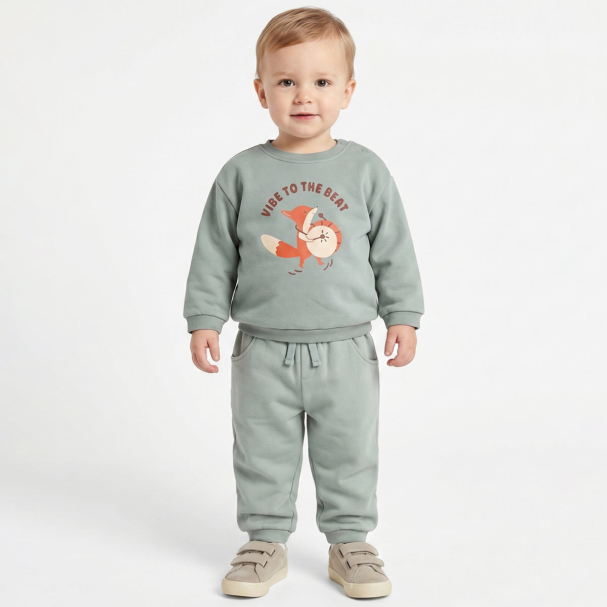 Baby Boys Sage Green Cotton Sweatshirt Fox Print Casual Wear