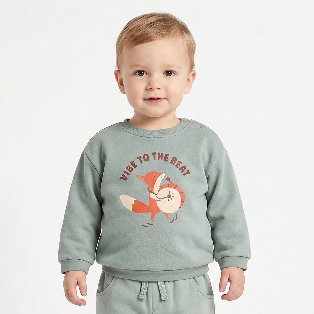 Baby Boys Sage Green Cotton Sweatshirt Fox Print Casual Wear