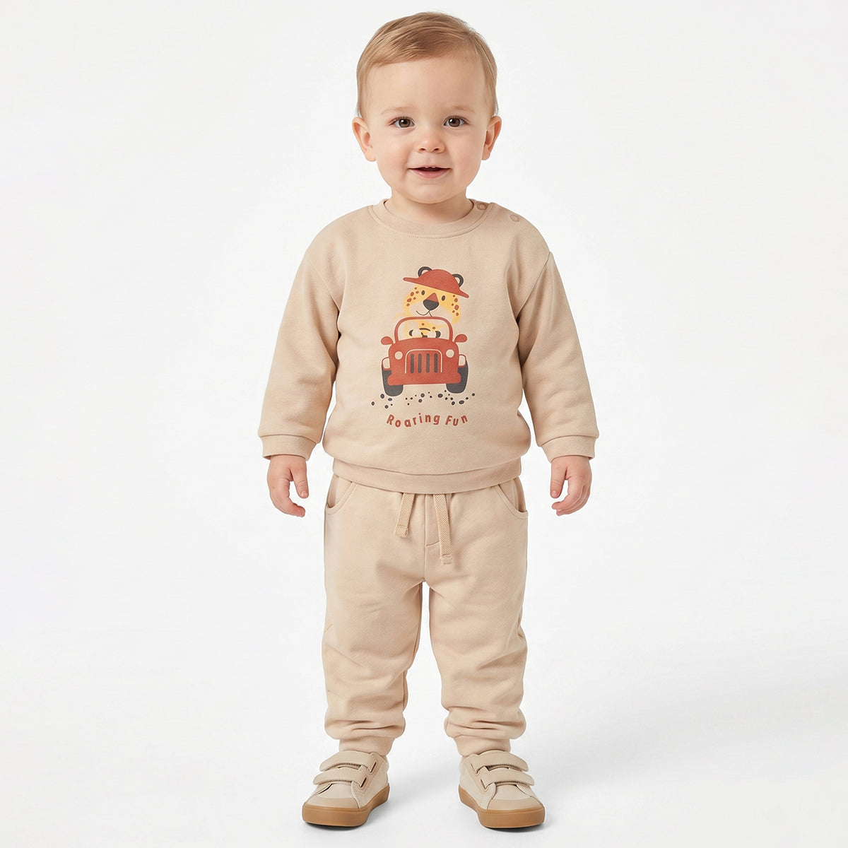 Baby Boys Beige Cotton Sweatshirt Animal Car Print Casual Wear
