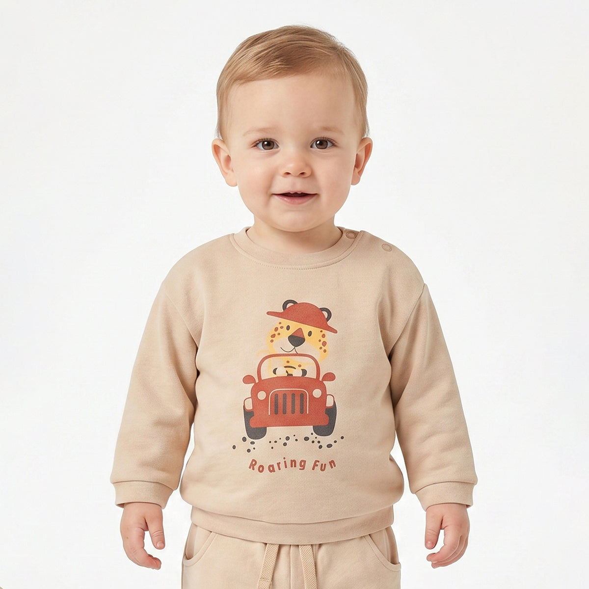 Baby Boys Beige Cotton Sweatshirt Animal Car Print Casual Wear