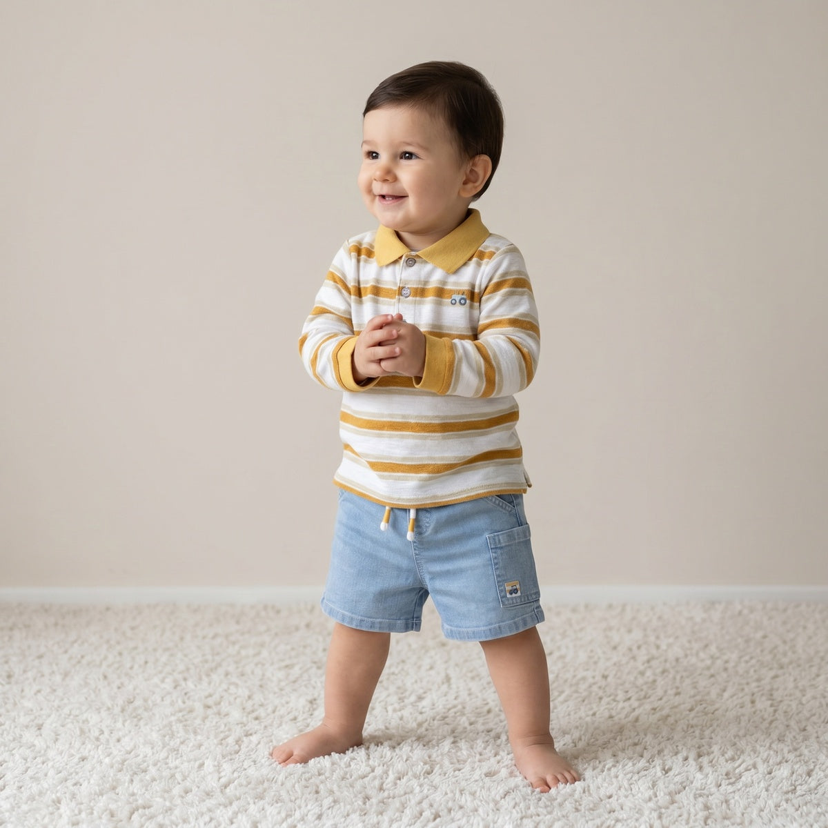 Baby Boys Blue Denim Tractor Patch Cargo Shorts Regular Fit Casual Wear