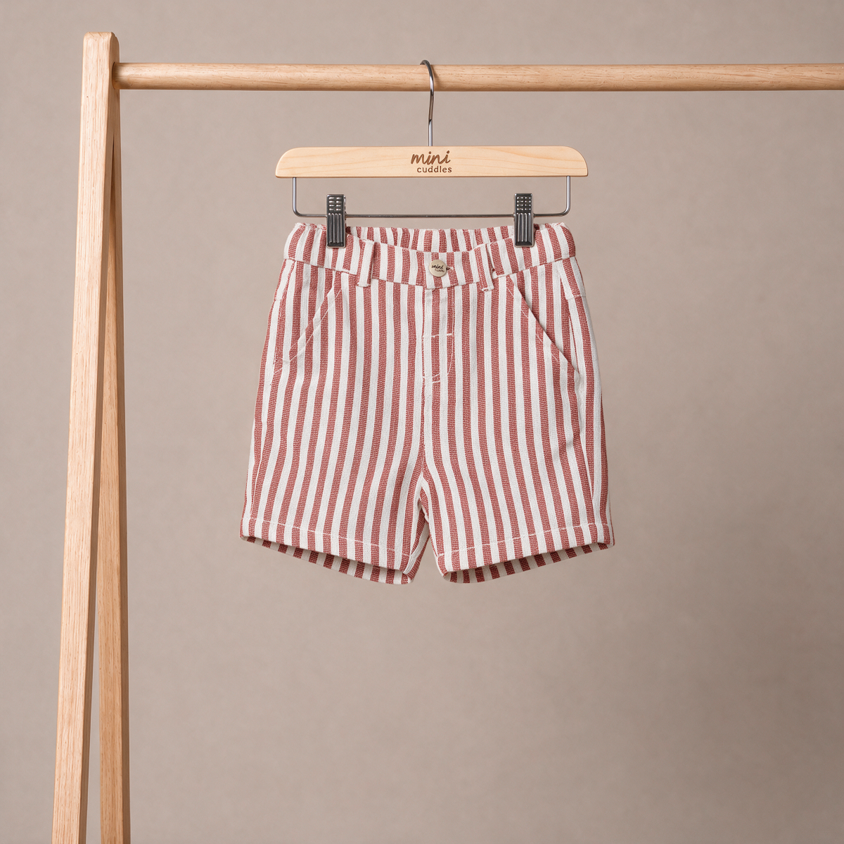 Baby Boys Rust Brown And White Cotton Blend Striped Shorts Regular Fit Casual Wear
