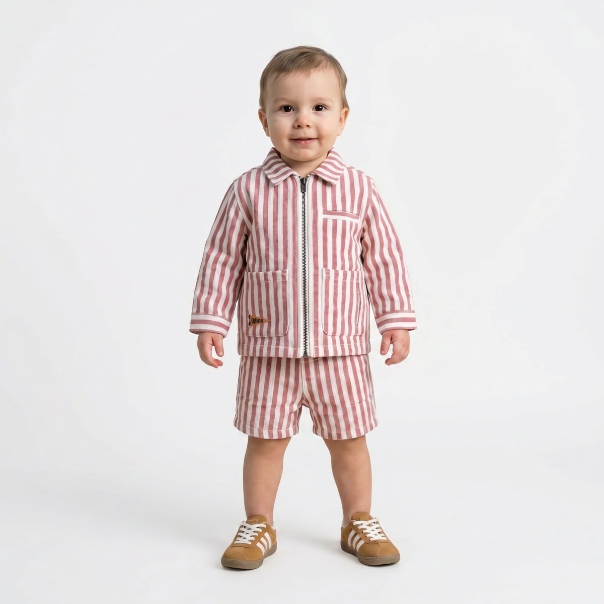 Baby Boys Rust Brown And White Cotton Blend Striped Shorts Regular Fit Casual Wear