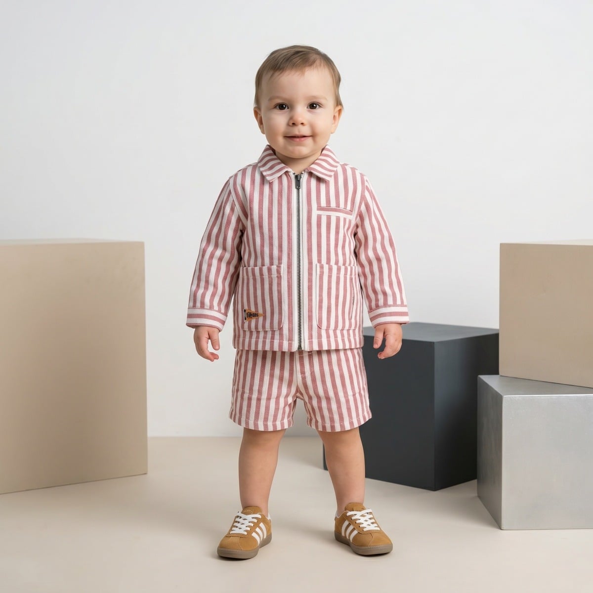 Baby Boys Rust Brown And White Cotton Blend Striped Shorts Regular Fit Casual Wear